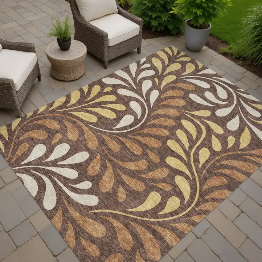 Chocolate Gold And Beige Botanical Leaves Washable Indoor Outdoor Area Rug Photo 6