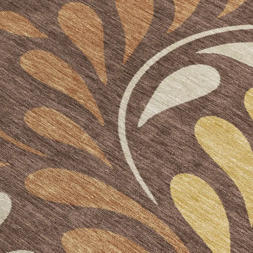 Chocolate Gold And Beige Botanical Leaves Washable Indoor Outdoor Area Rug Photo 2