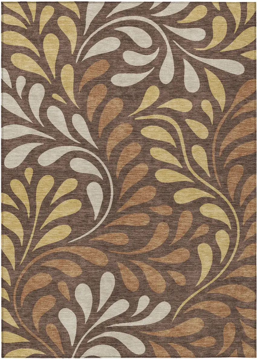 Chocolate Gold And Beige Botanical Leaves Washable Indoor Outdoor Area Rug Photo 8