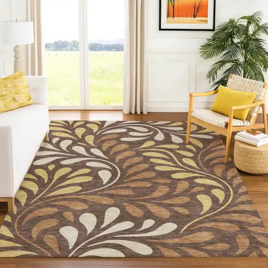 Chocolate Gold And Beige Botanical Leaves Washable Indoor Outdoor Area Rug Photo 4