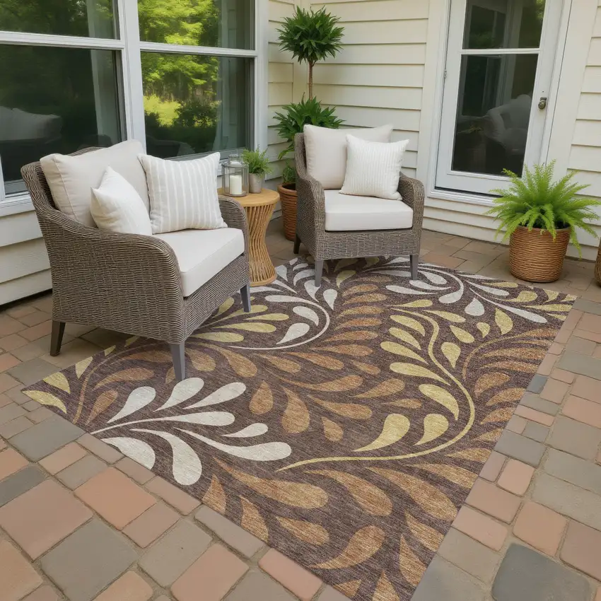 Chocolate Gold And Beige Botanical Leaves Washable Indoor Outdoor Area Rug Photo 4