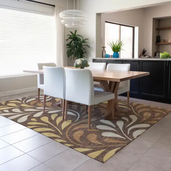 Chocolate Gold And Beige Botanical Leaves Washable Indoor Outdoor Area Rug Photo 6