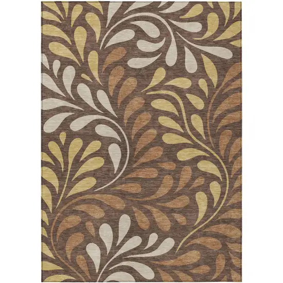 Chocolate Gold And Beige Botanical Leaves Washable Indoor Outdoor Area Rug Photo 9
