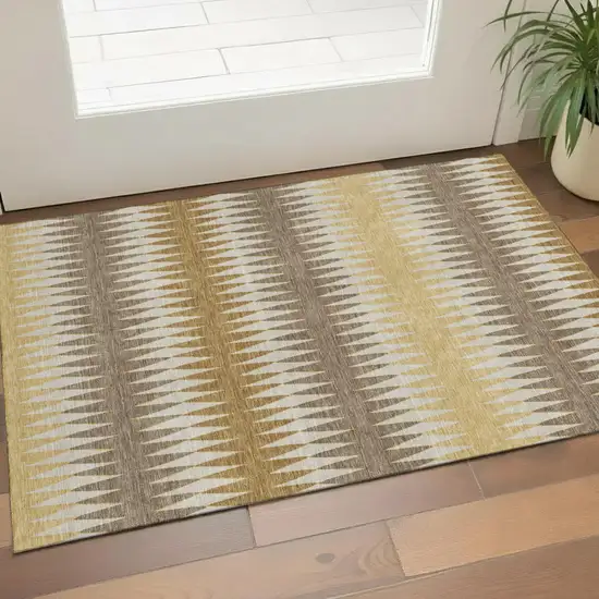 Chocolate Gold And Beige Striped Washable Area Rug With UV Protection Photo 1