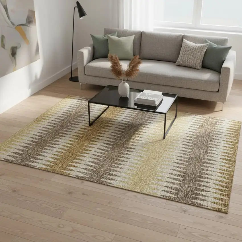 Chocolate Gold And Beige Striped Washable Area Rug With UV Protection Photo 2