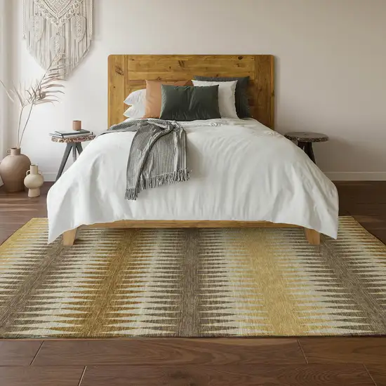 Chocolate Gold And Beige Striped Washable Area Rug With UV Protection Photo 6