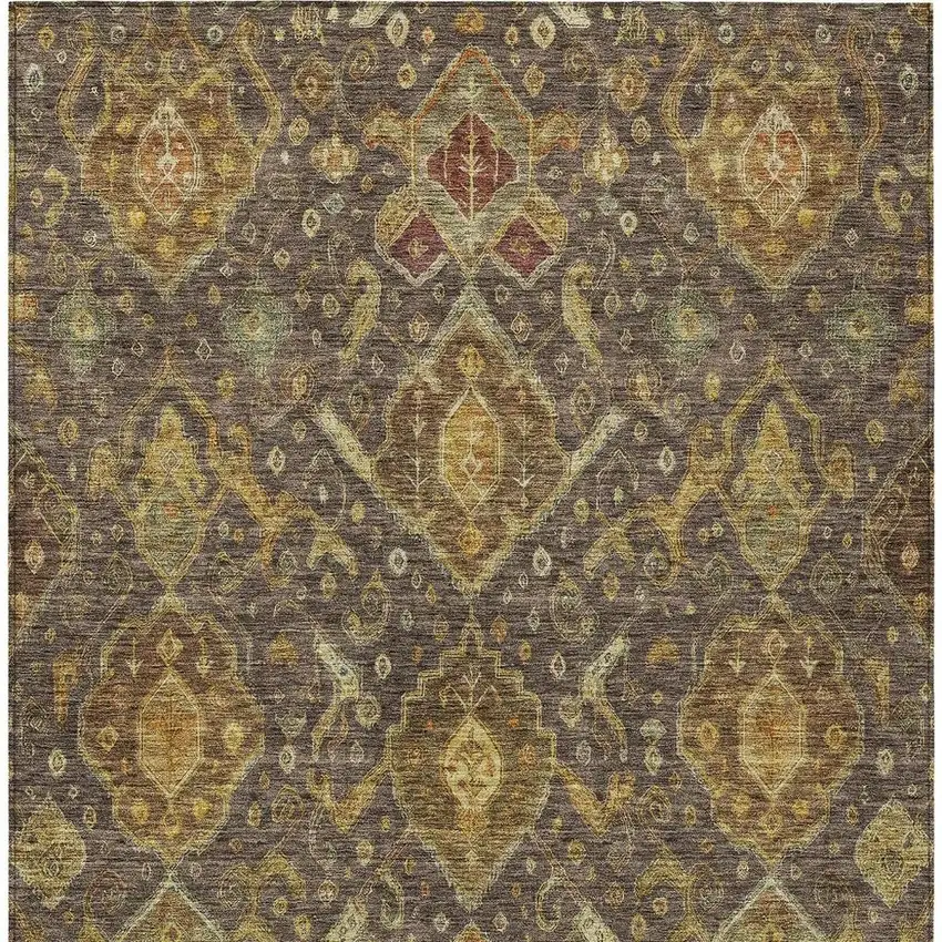 Chocolate Gold And Burgundy Ikat Washable Indoor Outdoor Area Rug Photo 6