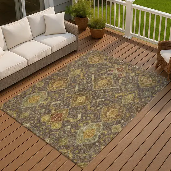 Chocolate Gold And Burgundy Ikat Washable Indoor Outdoor Area Rug Photo 7