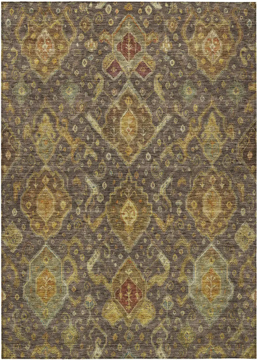 Chocolate Gold And Burgundy Ikat Washable Indoor Outdoor Area Rug Photo 2