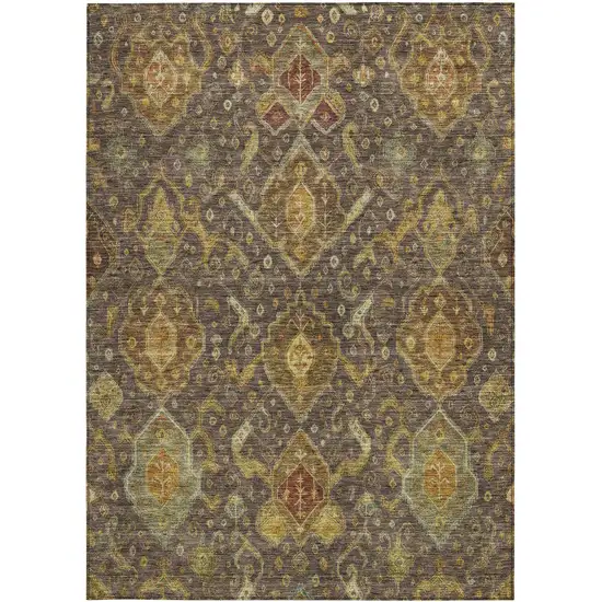 Chocolate Gold And Burgundy Ikat Washable Indoor Outdoor Area Rug Photo 4