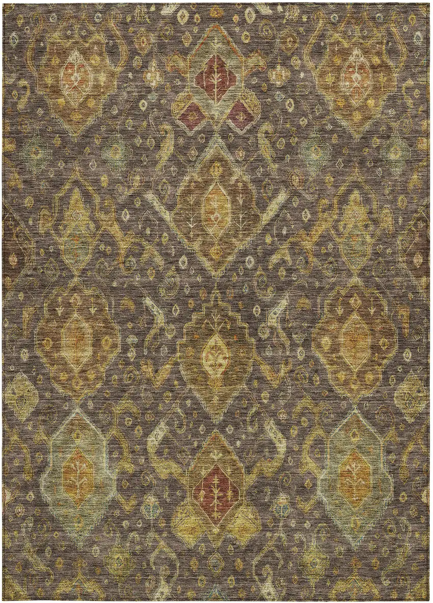 Chocolate Gold And Burgundy Ikat Washable Indoor Outdoor Area Rug Photo 4