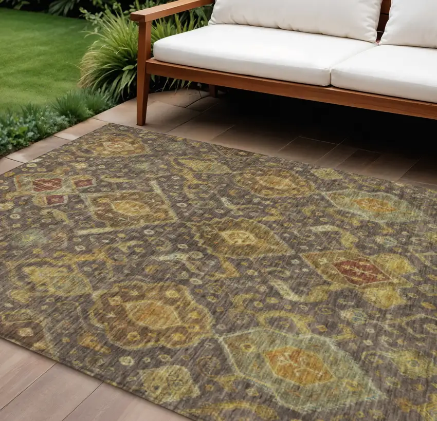 Chocolate Gold And Burgundy Ikat Washable Indoor Outdoor Area Rug Photo 1