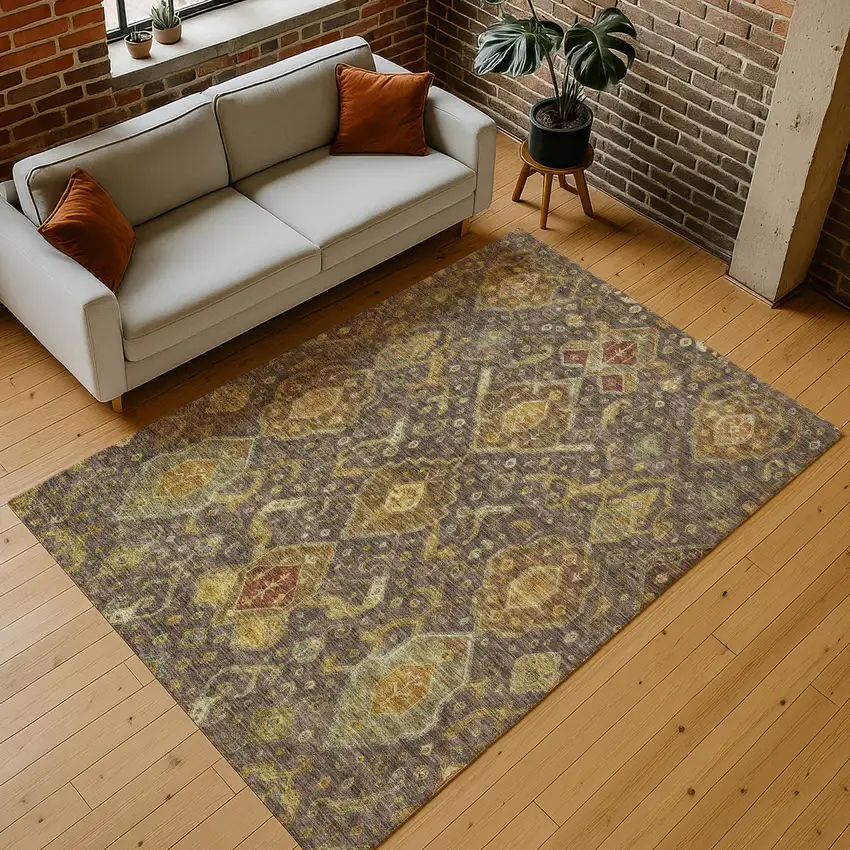 Chocolate Gold And Burgundy Ikat Washable Indoor Outdoor Area Rug Photo 9