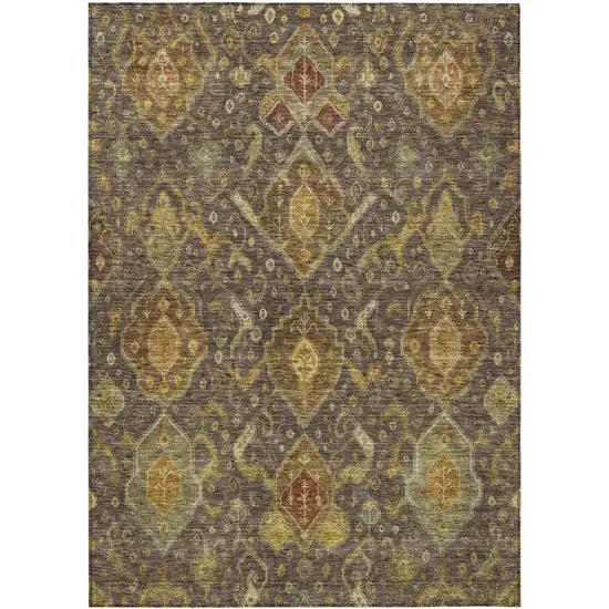 Chocolate Gold And Burgundy Ikat Washable Indoor Outdoor Area Rug Photo 2