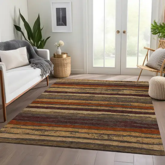 Chocolate Gold And Burgundy Striped Washable Area Rug With UV Protection Photo 5
