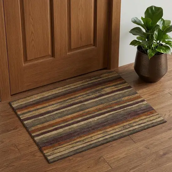 Chocolate Gold And Burgundy Striped Washable Area Rug With UV Protection Photo 1