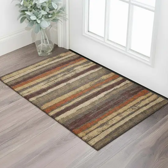 Chocolate Gold And Burgundy Striped Washable Area Rug With UV Protection Photo 1