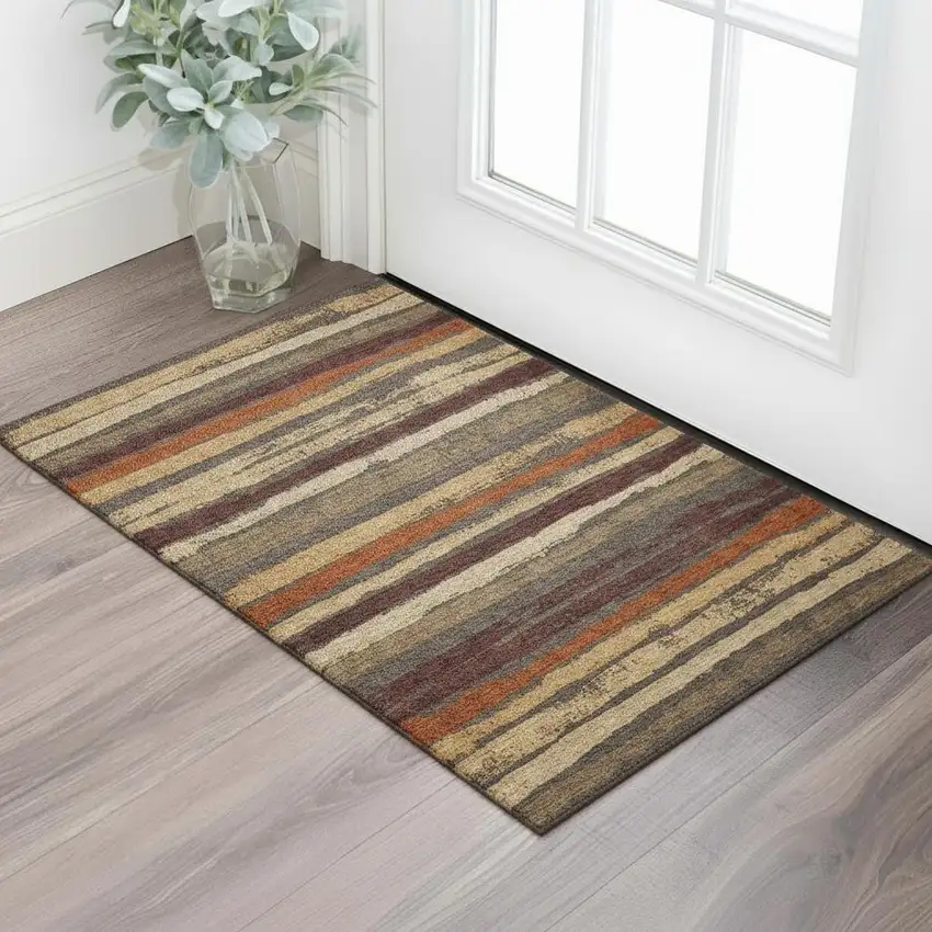 Chocolate Gold And Burgundy Striped Washable Area Rug With UV Protection Photo 1