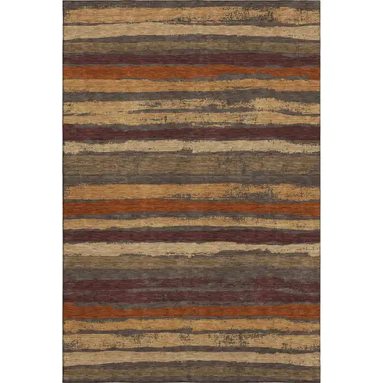 Chocolate Gold And Burgundy Striped Washable Area Rug With UV Protection Photo 1