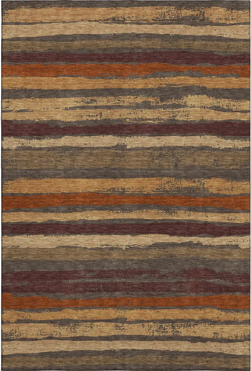Chocolate Gold And Burgundy Striped Washable Area Rug With UV Protection Photo 1