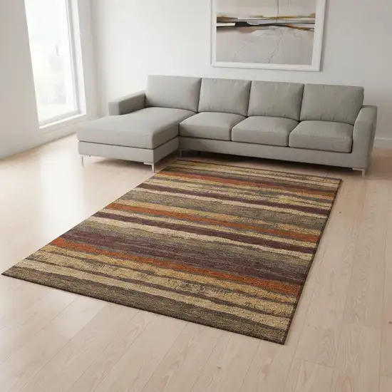 Chocolate Gold And Burgundy Striped Washable Area Rug With UV Protection Photo 2