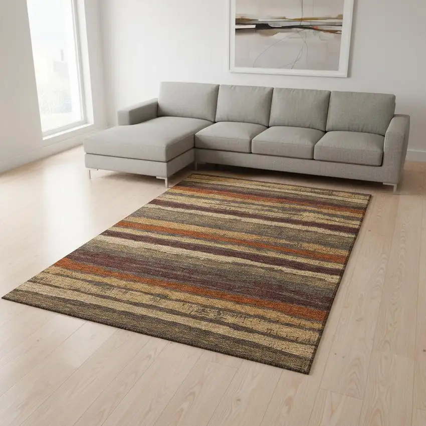 Chocolate Gold And Burgundy Striped Washable Area Rug With UV Protection Photo 2