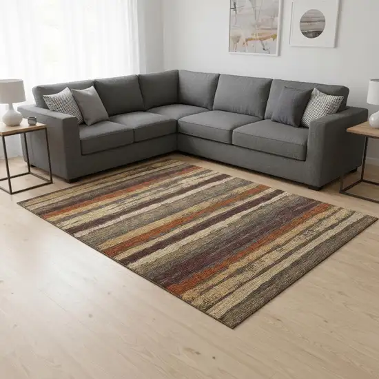 Chocolate Gold And Burgundy Striped Washable Area Rug With UV Protection Photo 2