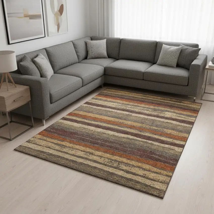 Chocolate Gold And Burgundy Striped Washable Area Rug With UV Protection Photo 2