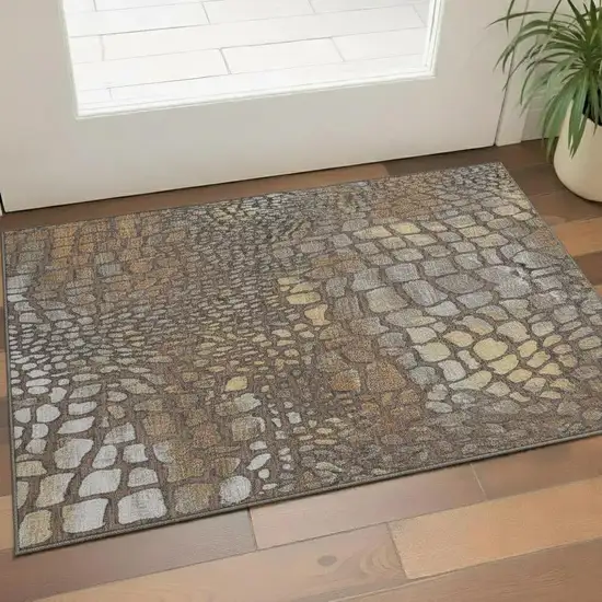 Chocolate Gold And Gray Abstract Geometric Washable Area Rug With UV Protection Photo 2