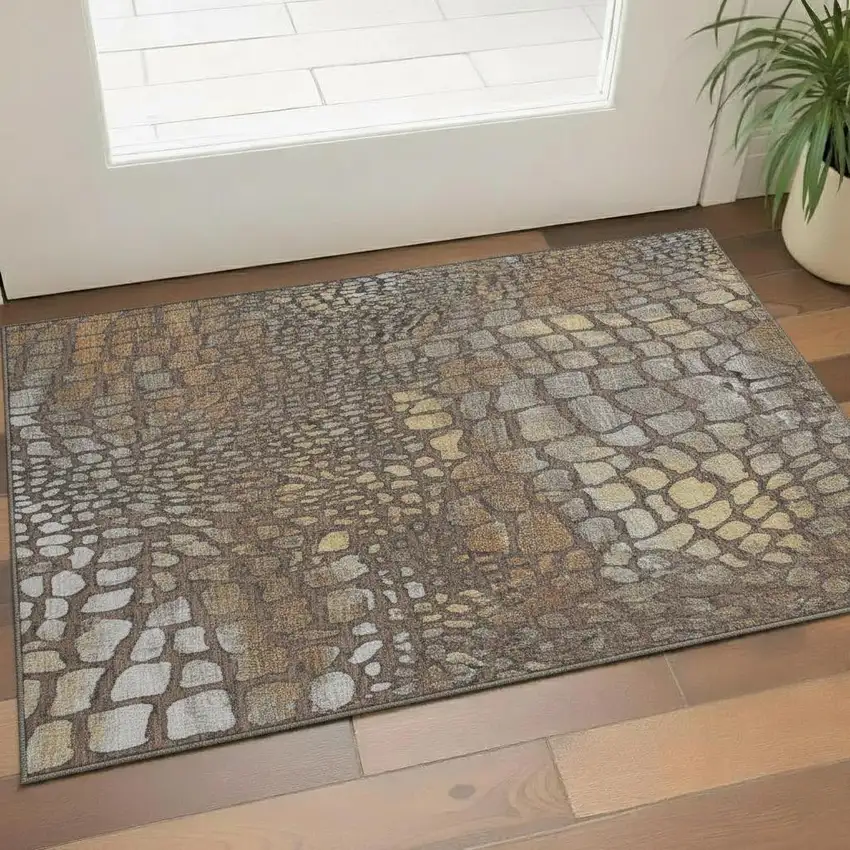 Chocolate Gold And Gray Abstract Geometric Washable Area Rug With UV Protection Photo 2