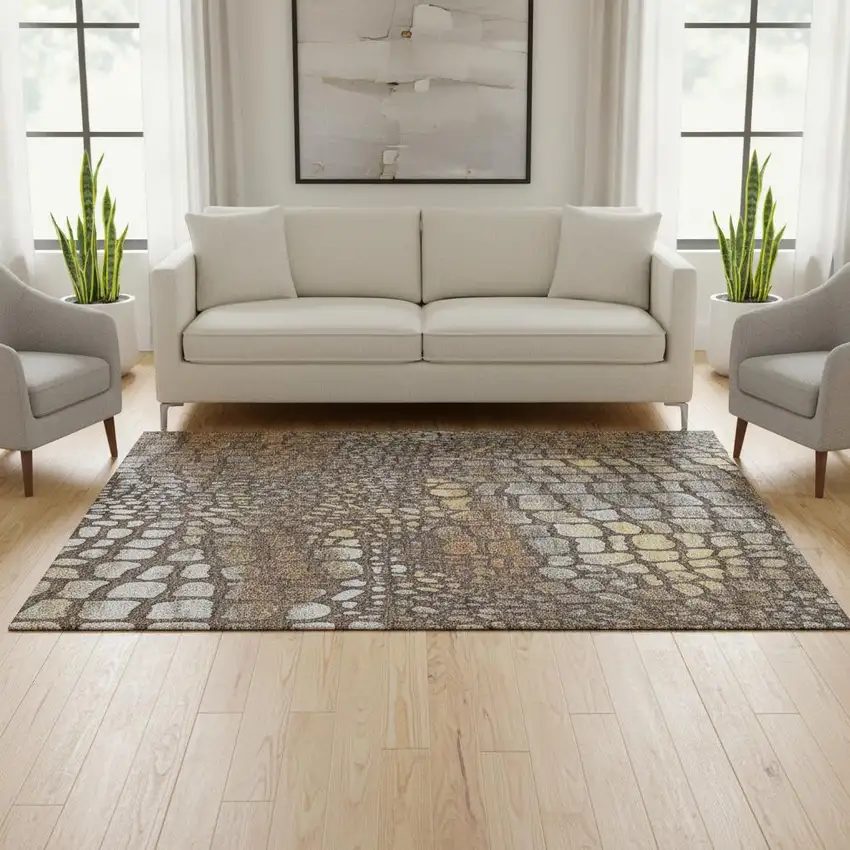 Chocolate Gold And Gray Abstract Geometric Washable Area Rug With UV Protection Photo 2