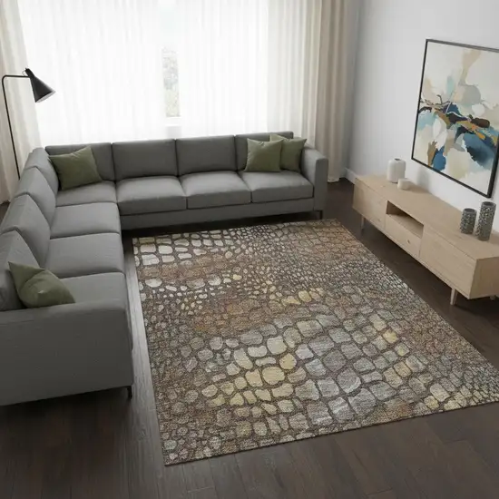 Chocolate Gold And Gray Abstract Geometric Washable Area Rug With UV Protection Photo 2