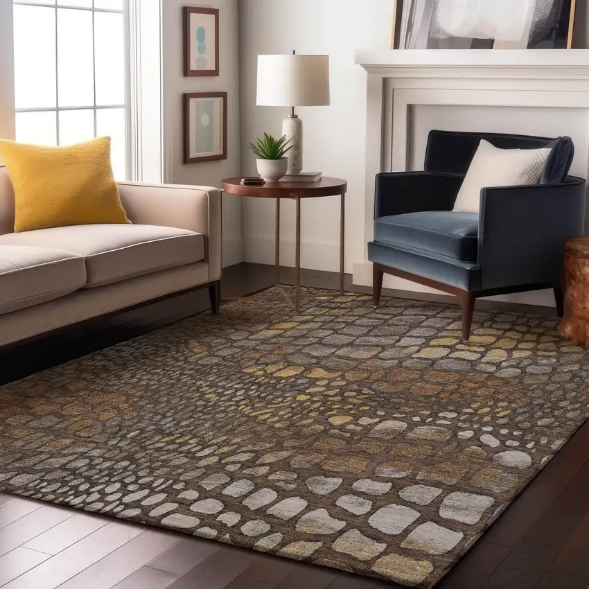 Chocolate Gold And Gray Abstract Geometric Washable Area Rug With UV Protection Photo 4