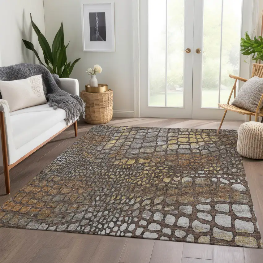 Chocolate Gold And Gray Abstract Geometric Washable Area Rug With UV Protection Photo 5