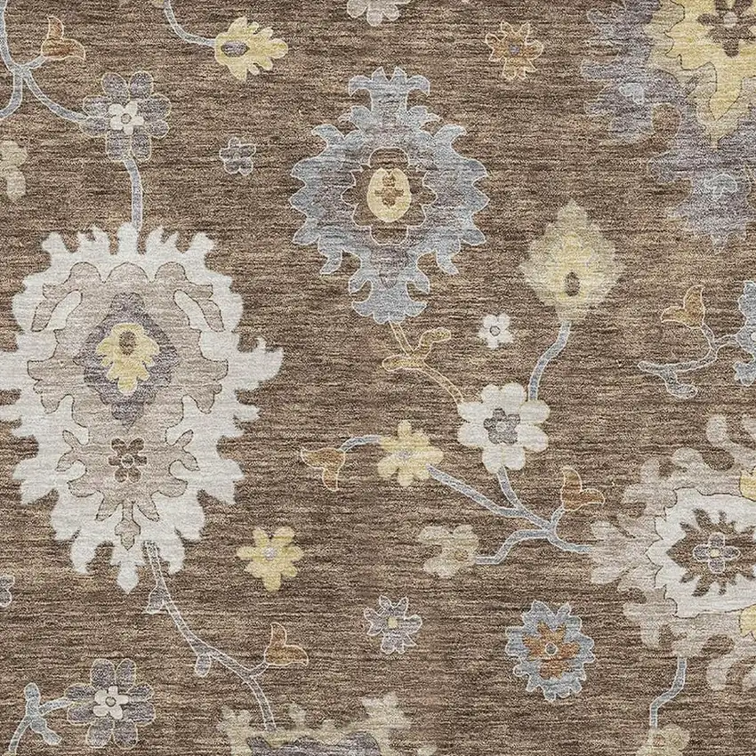 Chocolate Gold And Gray Floral Medallion Washable Area Rug With UV Protection Photo 2