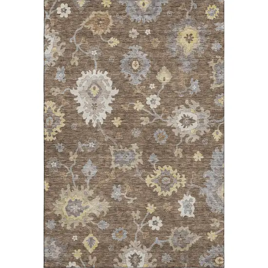 Chocolate Gold And Gray Floral Medallion Washable Area Rug With UV Protection Photo 1