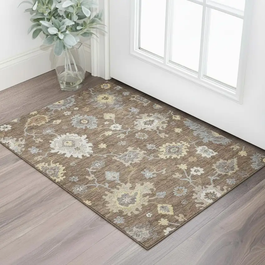 Chocolate Gold And Gray Floral Medallion Washable Area Rug With UV Protection Photo 1