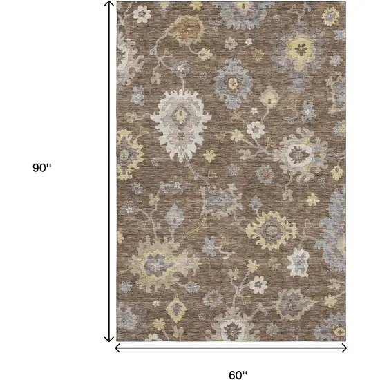 Chocolate Gold And Gray Floral Medallion Washable Area Rug With UV Protection Photo 3