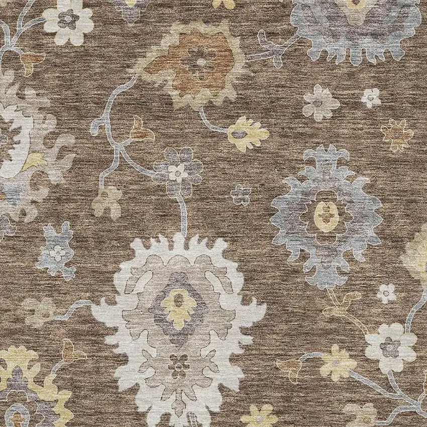 Chocolate Gold And Gray Floral Medallion Washable Area Rug With UV Protection Photo 2