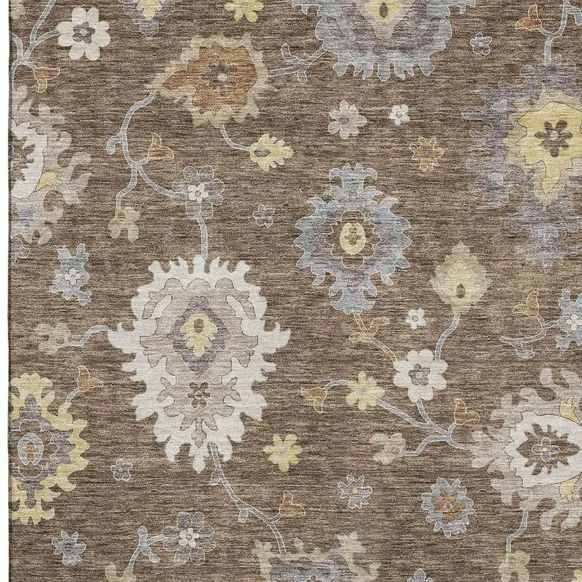 Chocolate Gold And Gray Floral Medallion Washable Area Rug With UV Protection Photo 3