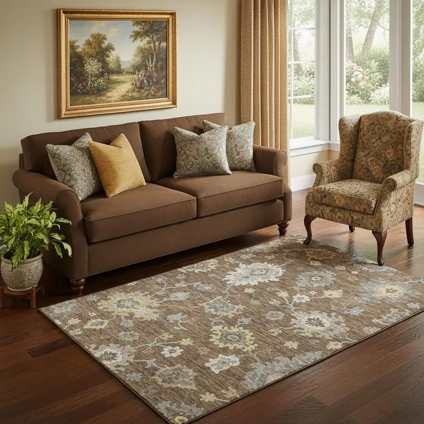 Chocolate Gold And Gray Floral Medallion Washable Area Rug With UV Protection Photo 1