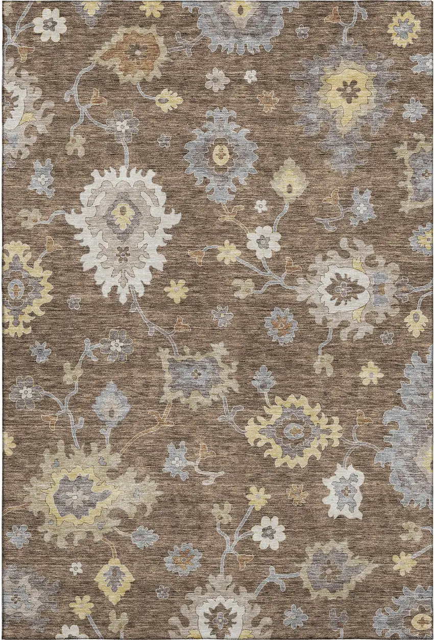 Chocolate Gold And Gray Floral Medallion Washable Area Rug With UV Protection Photo 1