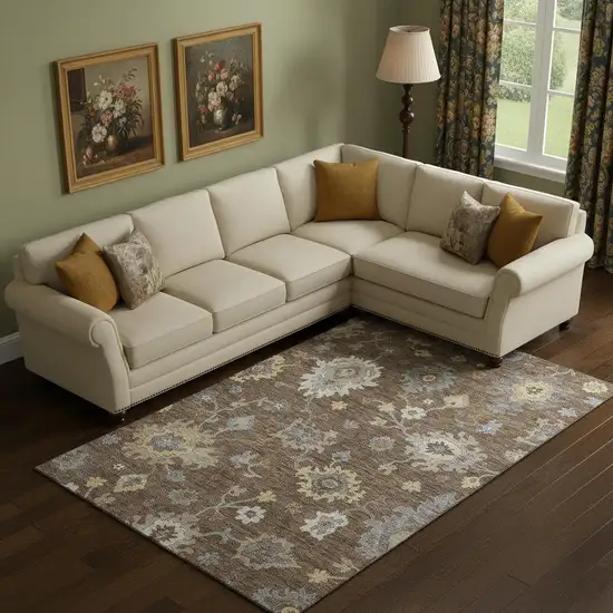 Chocolate Gold And Gray Floral Medallion Washable Area Rug With UV Protection Photo 3