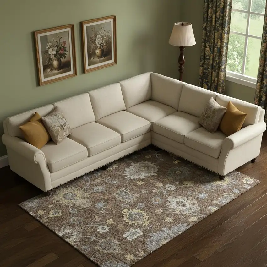 Chocolate Gold And Gray Floral Medallion Washable Area Rug With UV Protection Photo 1