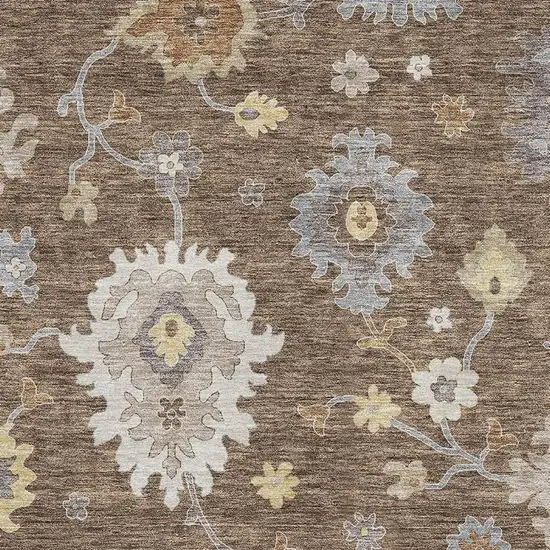 Chocolate Gold And Gray Floral Medallion Washable Area Rug With UV Protection Photo 2