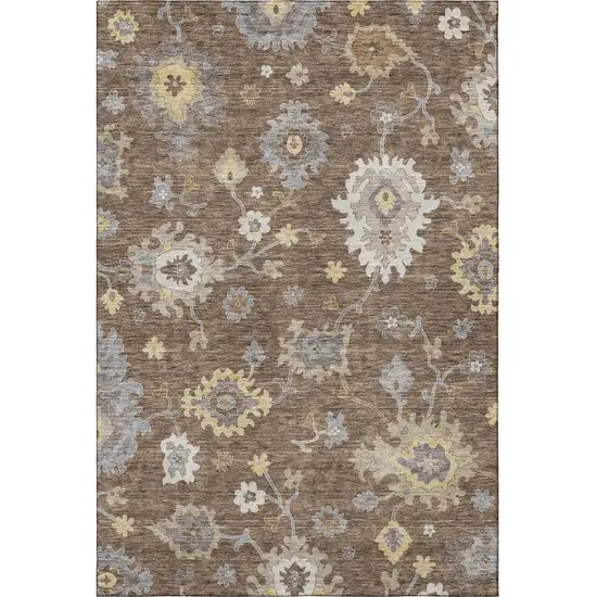 Chocolate Gold And Gray Floral Medallion Washable Area Rug With UV Protection Photo 4