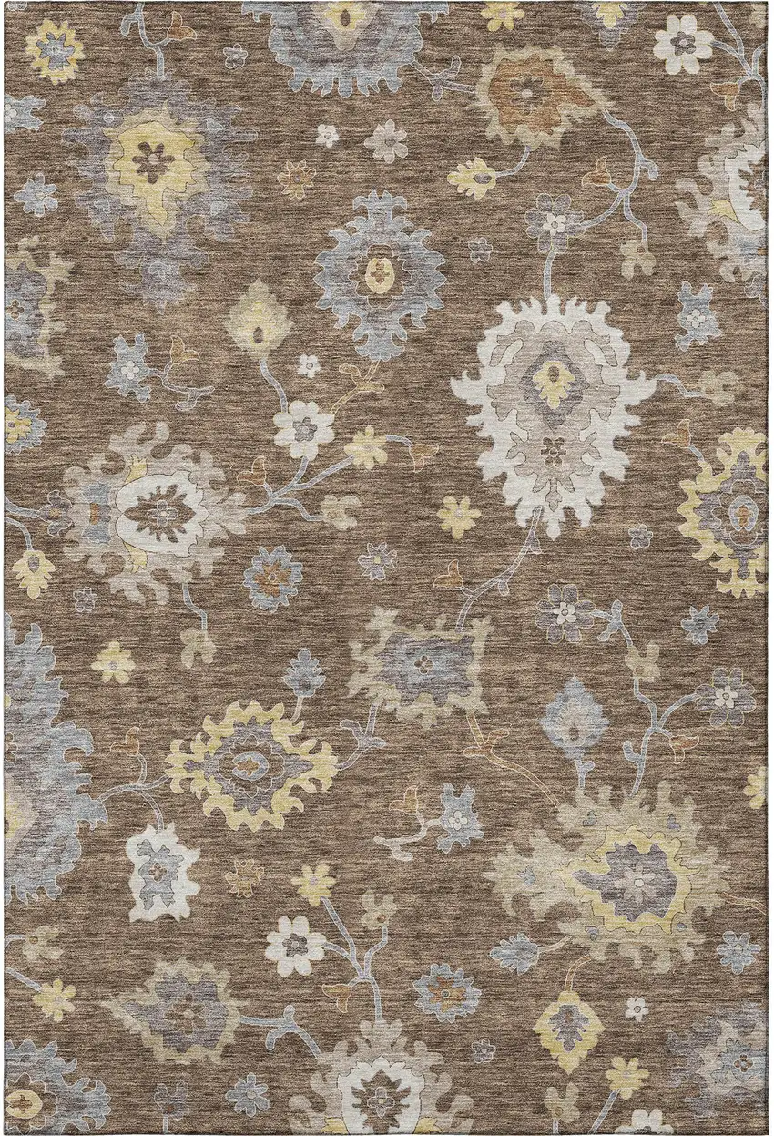 Chocolate Gold And Gray Floral Medallion Washable Area Rug With UV Protection Photo 4