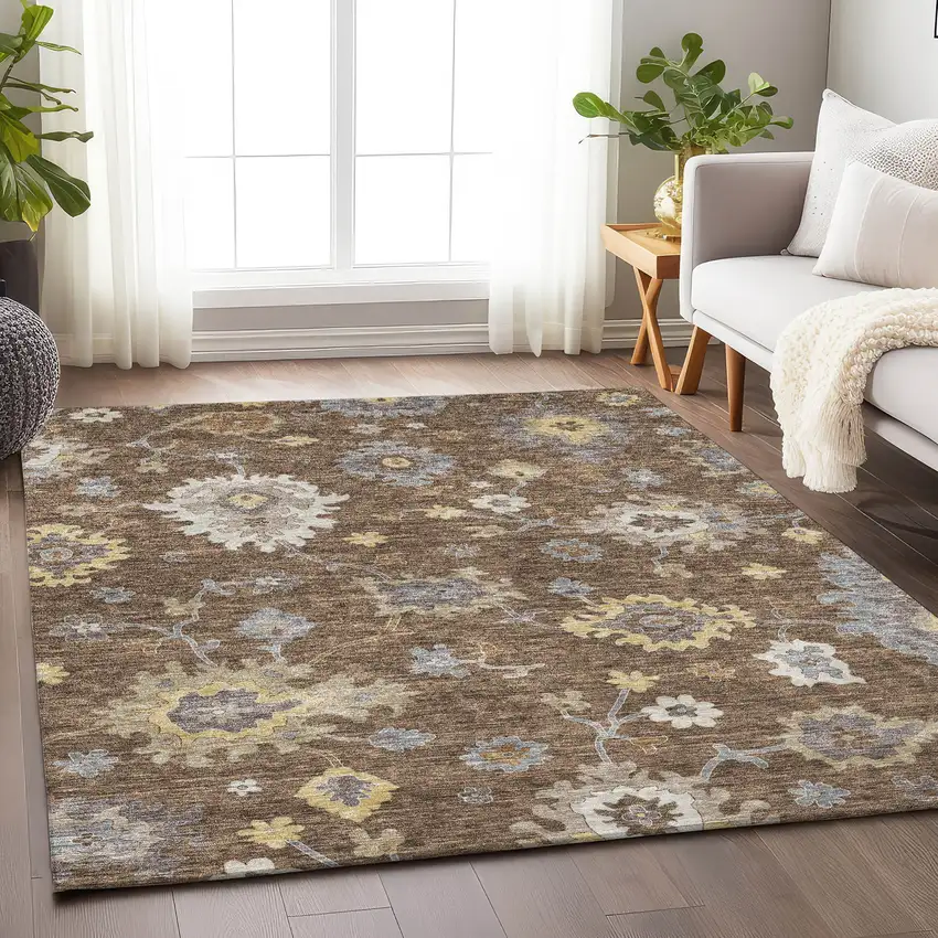 Chocolate Gold And Gray Floral Medallion Washable Area Rug With UV Protection Photo 5