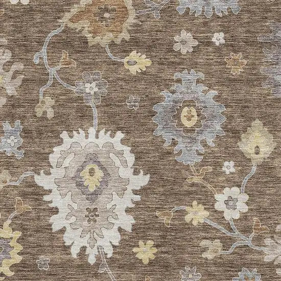 Chocolate Gold And Gray Floral Medallion Washable Area Rug With UV Protection Photo 3