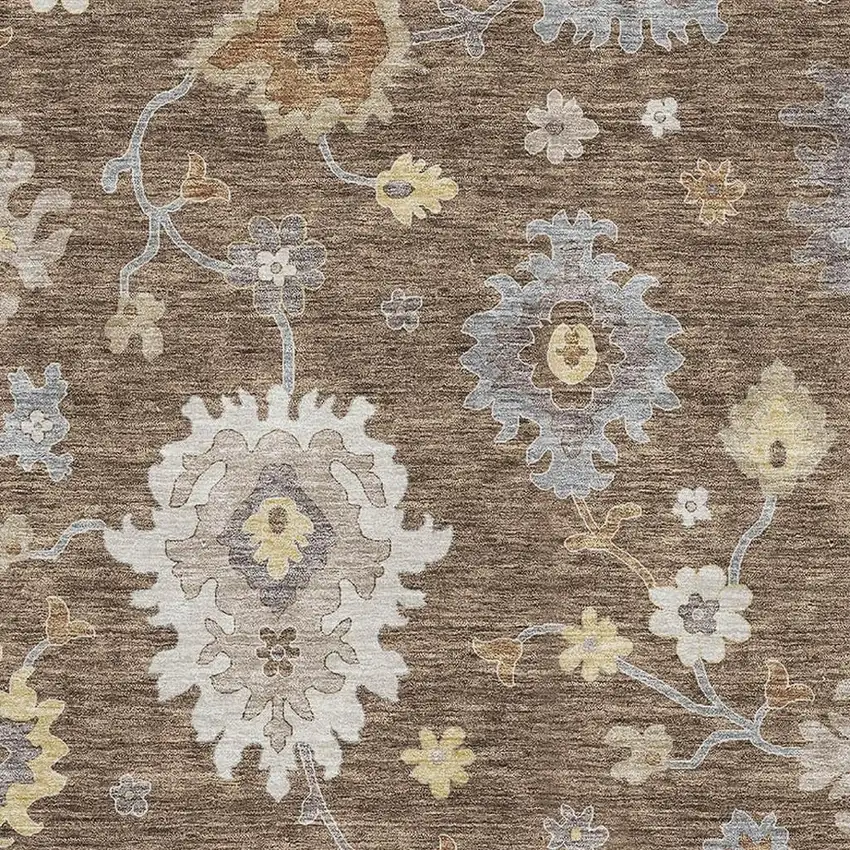 Chocolate Gold And Gray Floral Medallion Washable Area Rug With UV Protection Photo 3